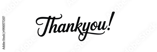 A handwritten, 'Thankyou!' message in elegant black calligraphic script on a pristine white background, conveying appreciation and gratitude