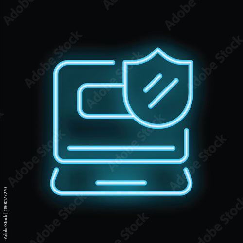 Neon blue shield is hovering over a laptop, signifying online security and data protection