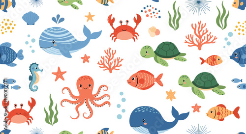 Adorable underwater friends including whales, turtles, octopuses, and crabs create a vibrant, playful ocean scene perfect for children's designs