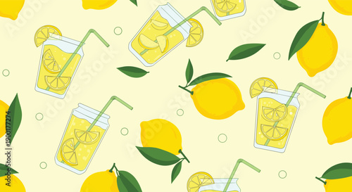 Vibrant summer pattern featuring refreshing lemonade drinks and ripe lemons, perfect for a bright, cheerful, and thirst-quenching design