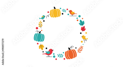 Charming whimsical autumn wreath with cute birds, colorful leaves, and pumpkins creating a festive seasonal border for invitations and designs