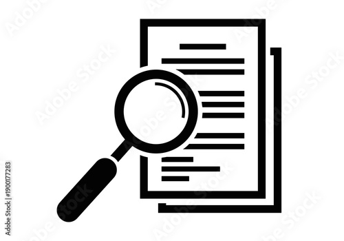 Magnifying glass icon analyzing layered document papers with text