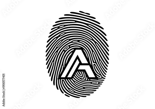 Intricate black fingerprint icon centered with a prominent capital
