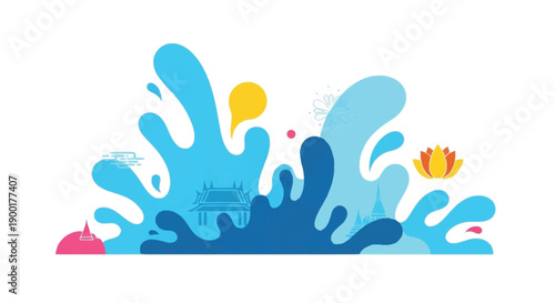 Colorful abstract with blue splashes and thai architecture temple