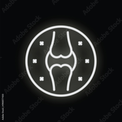 White glowing neon icon of human leg knee joint bones, representing health, mobility and flexibility