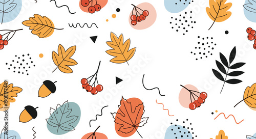 Vibrant autumn pattern featuring falling leaves, berries, and acorns with playful abstract shapes, perfect for seasonal designs and festive backgrounds.