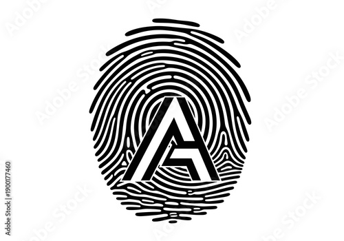 Stylized black fingerprint design incorporating a distinct capital