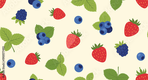 Vibrant seamless pattern of fresh strawberries, blueberries, and blackberries with green leaves on a light background, perfect for culinary designs and summer themes.