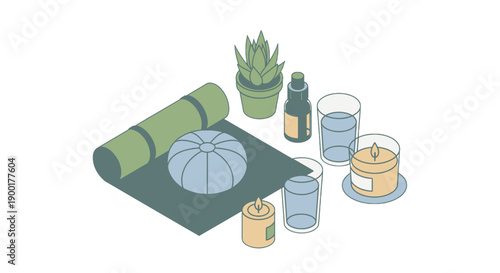 Relaxing yoga setup with mat, candles, and refreshing drinks.
