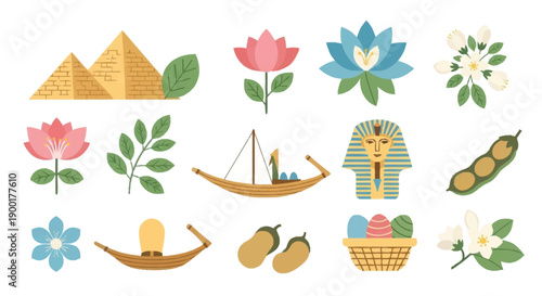 Egyptian symbols flowers fruits boat sphinx pyramids