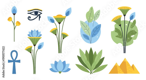 Egyptian lotus flowers plants eye of horus ankh symbol pyramids