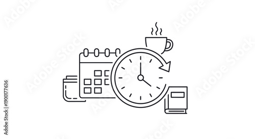 Simple line art illustration of office supplies and time management tools.