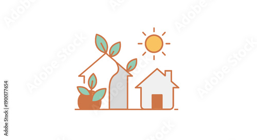 Simple line illustration of a house with plants and sun.