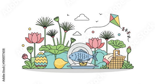 Colorful of a fish on a plate surrounded by lotus flowers and picnic basket kite