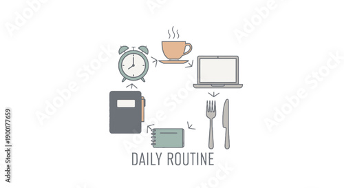 Daily Routine Illustration with Office and Breakfast Elements.