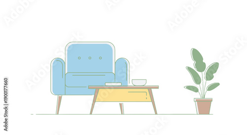 Cozy living room with blue armchair and potted plant.