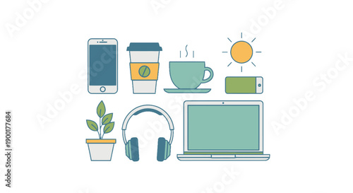 Collection of modern office and leisure items illustration.