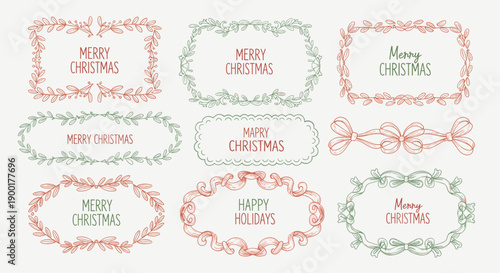 Assortment of nine festive hand-drawn Christmas and holiday frames,