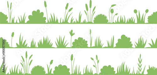Green Grass and Bush Silhouette Vector Set with Natural Plant Shapes