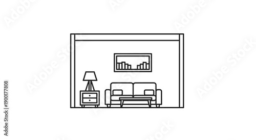 Simple line drawing of a living room interior with furniture.