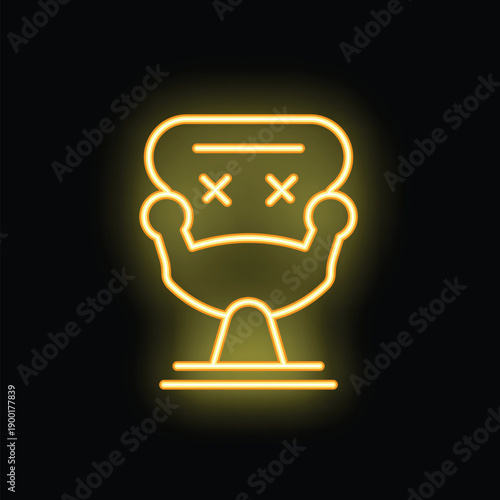 Yellow neon icon of a death represented by an empty armchair with a cross on it, on a black background