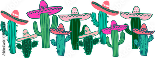hand drawn cactus in mexican hats border funny desert plants for greeting cards cinco de mayo and summer party decor