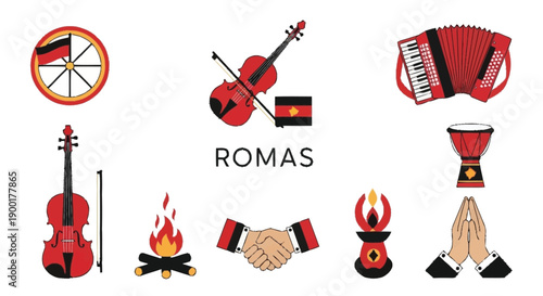 Romani culture symbols including musical instruments and religious violin accordion