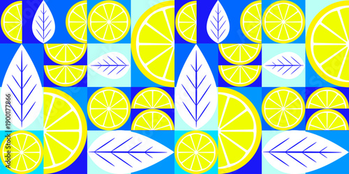 seamless pattern with lemons and leaves in geometric mosaic style for italian vacation vibes summer textile and decor