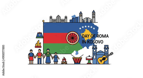 Day of Roma in Kosovo celebration with flag and cityscape Roma flag people holding hands