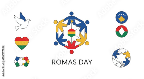 Romas Day celebration symbols with people hands heart dove flags