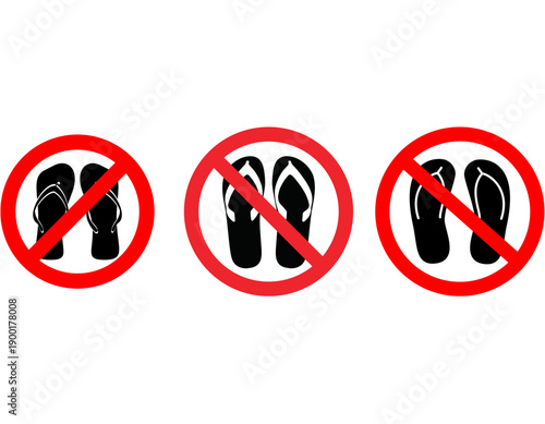 Three red forbidden signs with black flip-flops crossed out, indicating no sandals allowed.