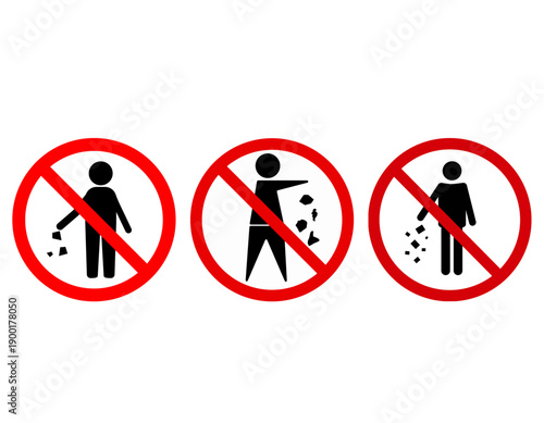 Three red circular no littering signs with black silhouettes of people dropping or throwing trash on the ground, emphasizing environmental protection.
