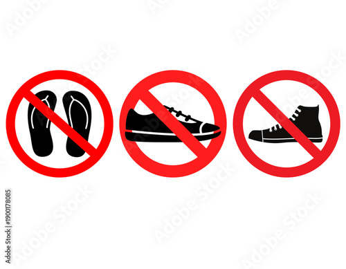Three red forbidden signs prohibiting different types of footwear including flip-flops and sneakers.