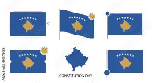 Kosovo flag variations and map on white background for Constitution Day national symbol