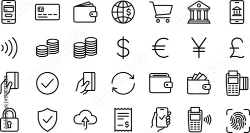 Digital finance icon set, banking symbols, mobile payment graphics, secure transaction visuals, currency tools, fintech interface, financial technology elements