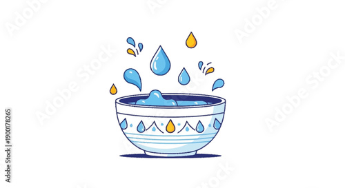 Blue and white bowl with water drops