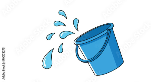 Blue bucket with water drops falling from it leaking bucket cartoon style white background