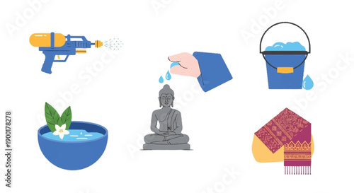 Water gun Buddha statue bucket flower bowl cloth blue and yellow water gun gray Buddha
