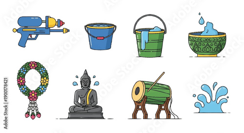 Songkran festival water splashes buckets toys Buddha statue water festival Thai New Year