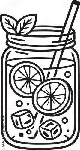 Refreshing Summer Drink with Sliced Citrus Fruits and Ice Cubes in a Mason Jar, Decorated with Mint Leaves