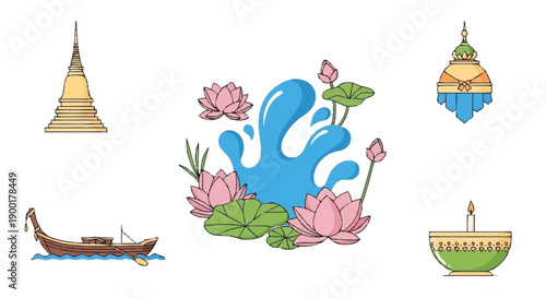 Thai temple boat lotus flowers water splash candle