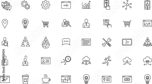 Digital interface icons, business tools, technology symbols, user experience, global network, analytics, communication, e-commerce, cloud, productivity, design