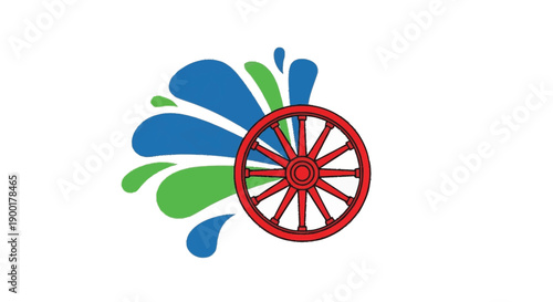Red wagon wheel with blue and green splash blue splash