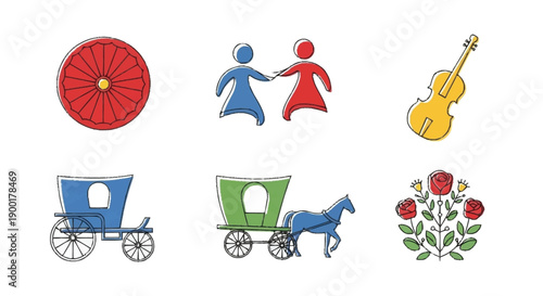 Red parasol blue and red people holding hands yellow violin blue and green carriages roses