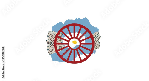 Red wagon wheel with patterned fabric and blue background wheel spokes yellow center