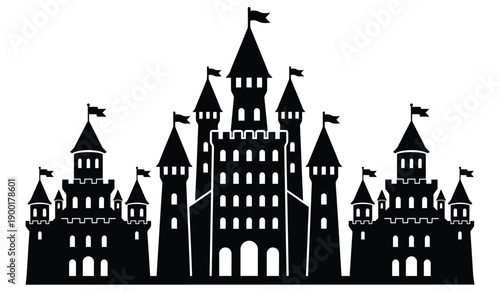 Majestic medieval castle silhouette with multiple towers and flags