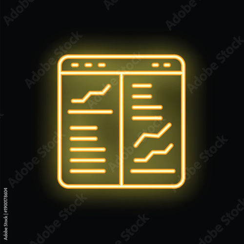 Bright yellow neon icon of a trading platform with charts, graphs, and numbers, signifying online trading and investment