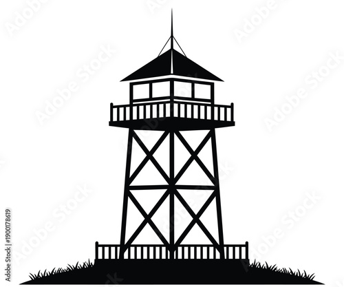 Stunning black silhouette of a tall observation tower with railing