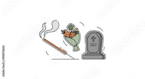 Cartoon cigarette burns flowers and tombstone smoke burning