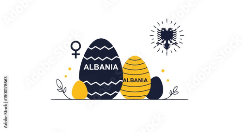 Albania Easter eggs with national symbol and female sign yellow and blue eggs